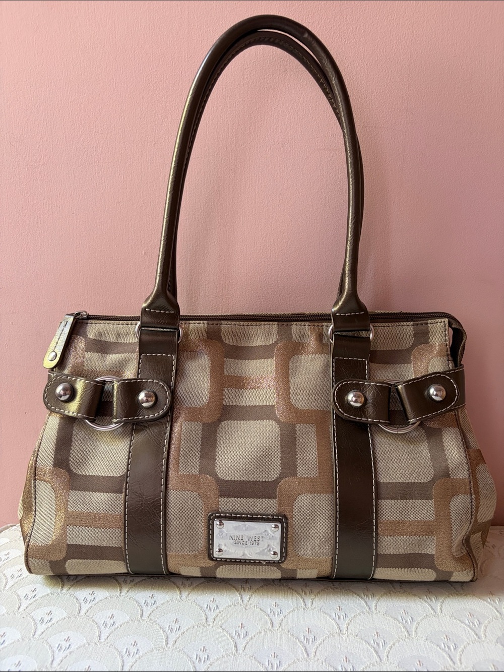 Nine West Brown and Cream Geo-Print Shoulder Bag
